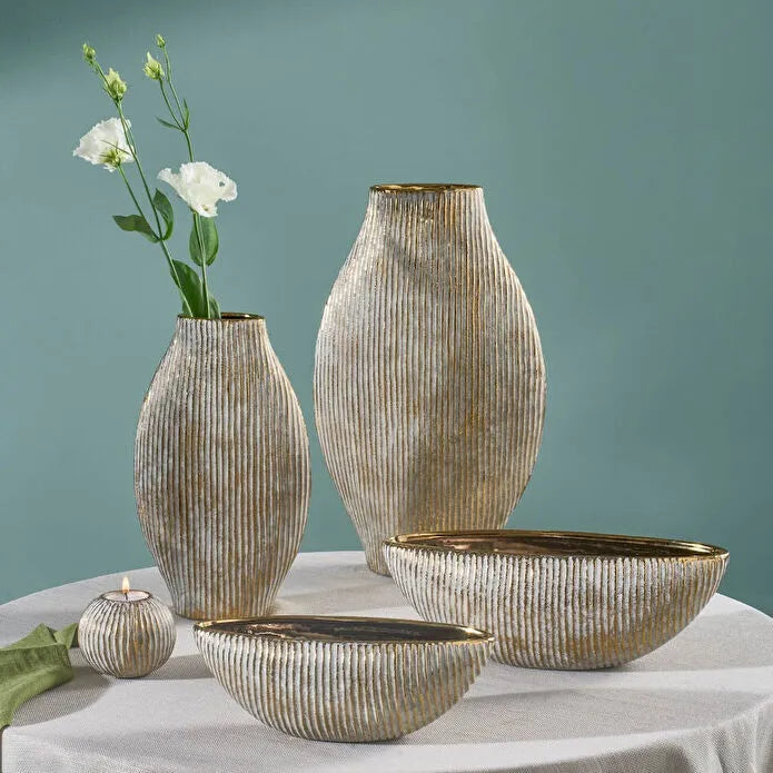 Karaca Novara Decorative Vase 33 cm Textured Ceramic Gold Accent Asymmetric