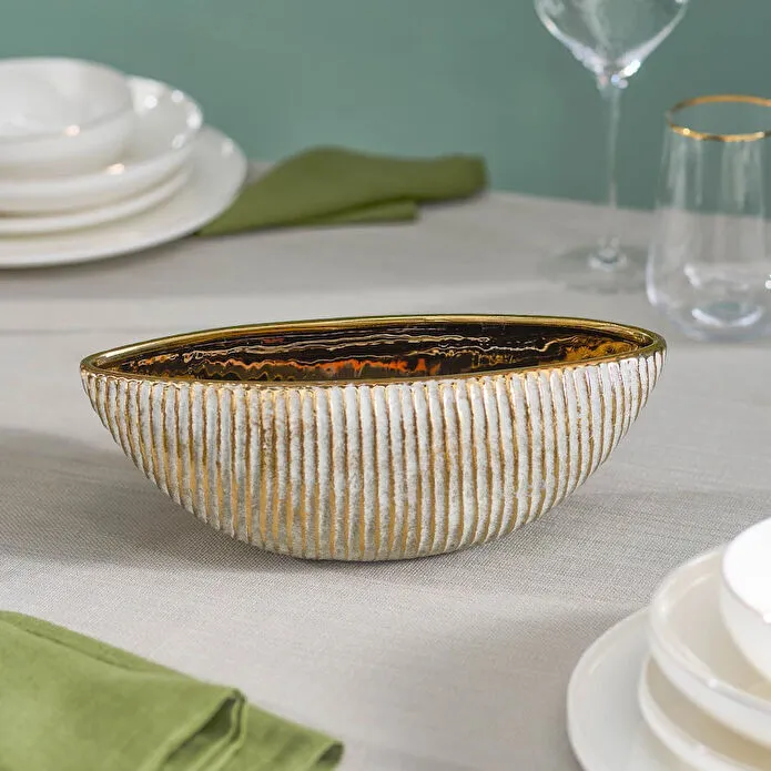 Karaca Home Novara Gondola Decorative Bowl 34.5 cm Ribbed Ceramic Gold Accent