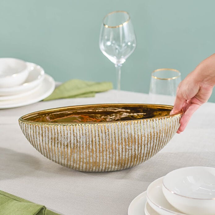 Karaca Home Novara Gondola Decorative Bowl 34.5 cm Ribbed Ceramic Gold Accent