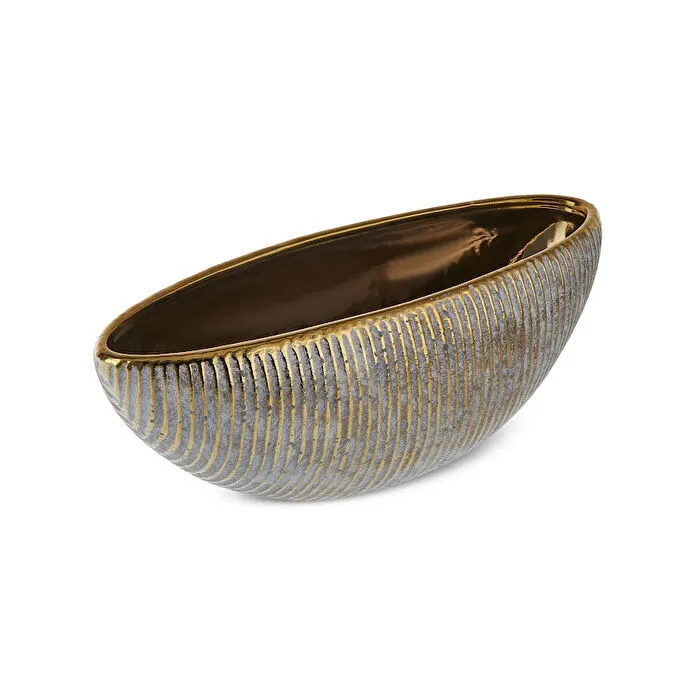 Karaca Home Novara Gondola Decorative Bowl 34.5 cm Ribbed Ceramic Gold Accent