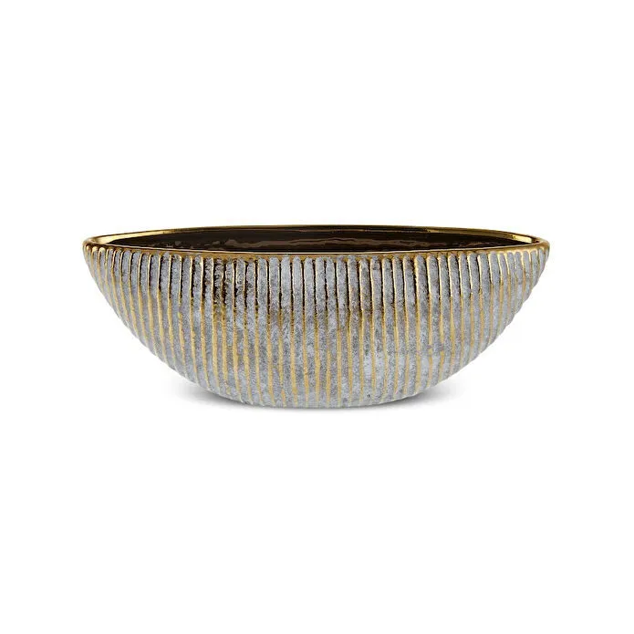 Karaca Home Novara Gondola Decorative Bowl 28 cm Ribbed Ceramic Gold Accent