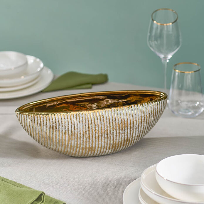 Karaca Home Novara Gondola Decorative Bowl 28 cm Ribbed Ceramic Gold Accent