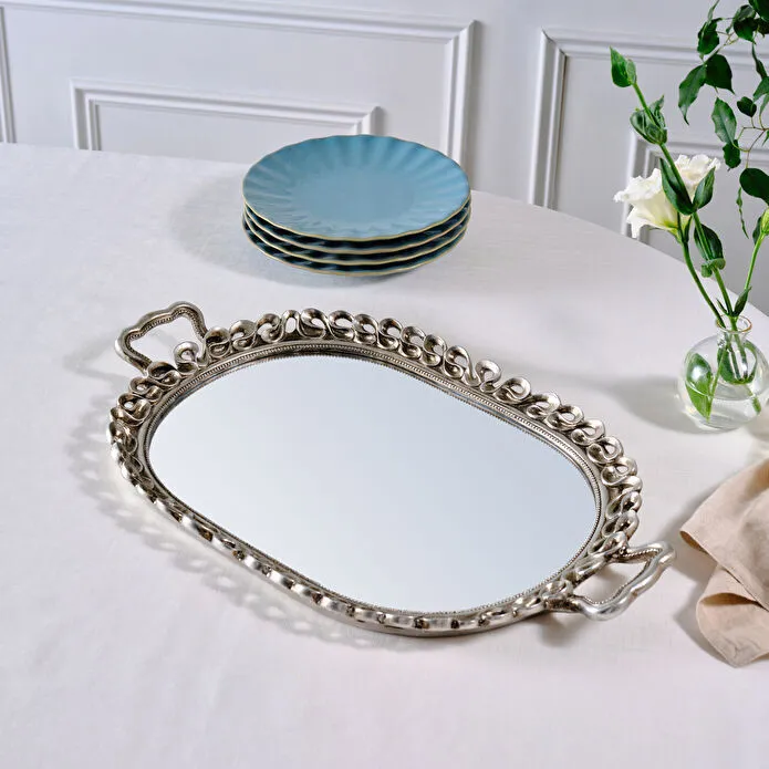 Karaca Home Corrine Decorative Tray 51x31.5cm Silver Mirror Base Oval Large