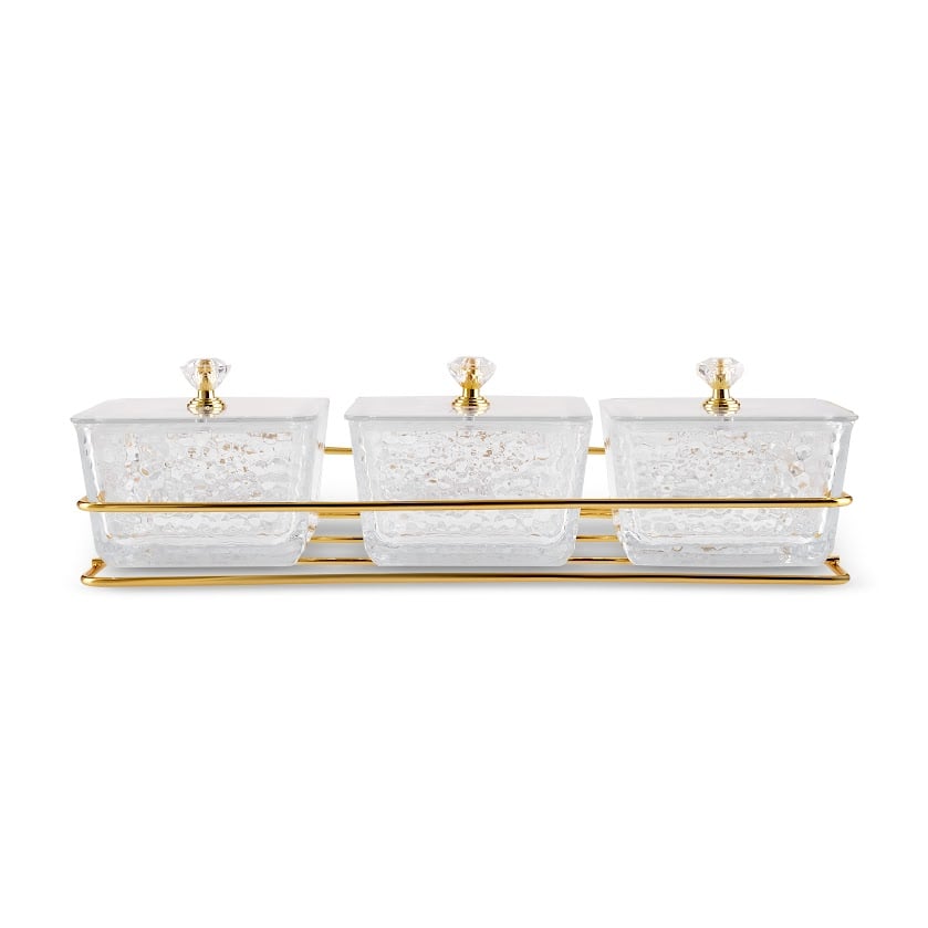 Karaca Maria 3-Piece Glass Serving Bowls Set with Gold Tray Stand and Lids