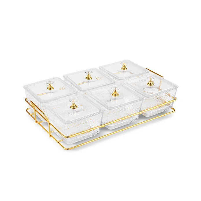Karaca Maria 6-Piece Glass Serving Bowls Set with Gold Tray Stand and Lids