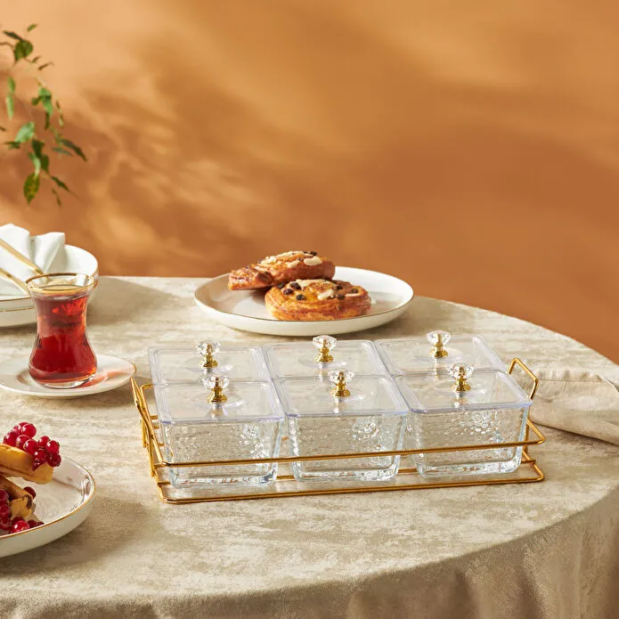 Karaca Maria 6-Piece Glass Serving Bowls Set with Gold Tray Stand and Lids