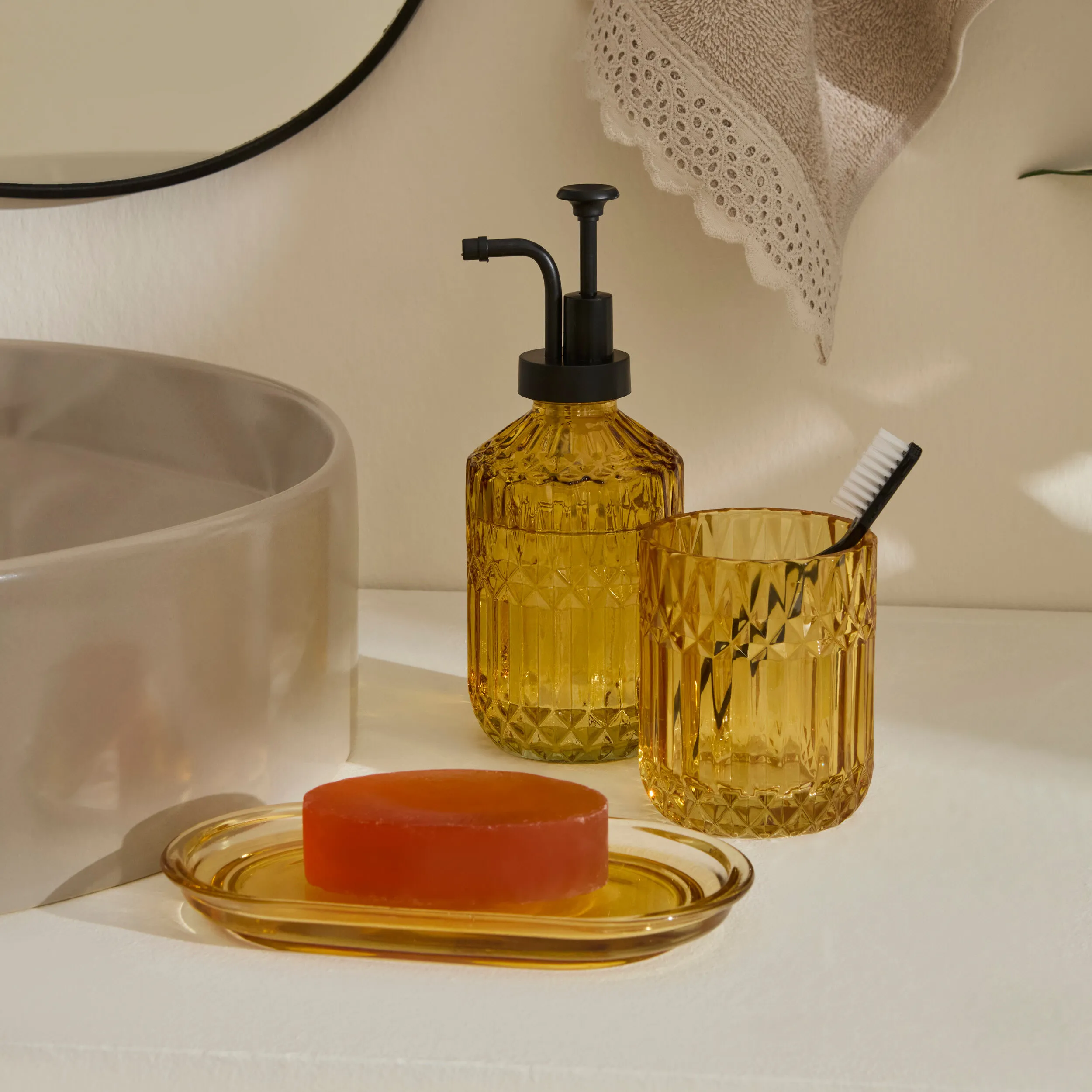 Karaca Home Bellino 3-Piece Bathroom Accessory Set - Amber Glass , 8683650348238