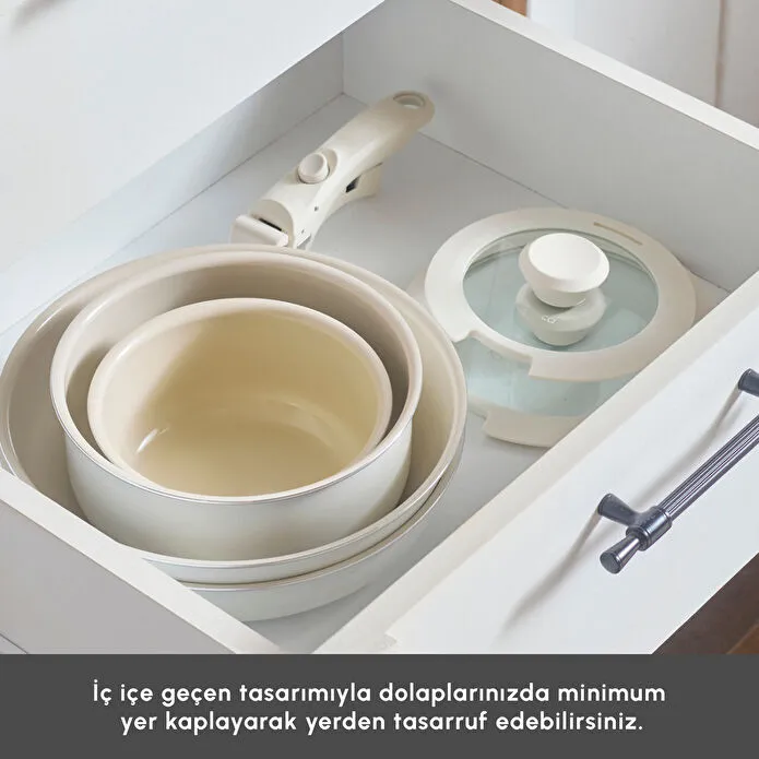 KaracaxRefika Swiss Crystal Almond Cream 7-Piece Easy Clip Pot and Pan Set New