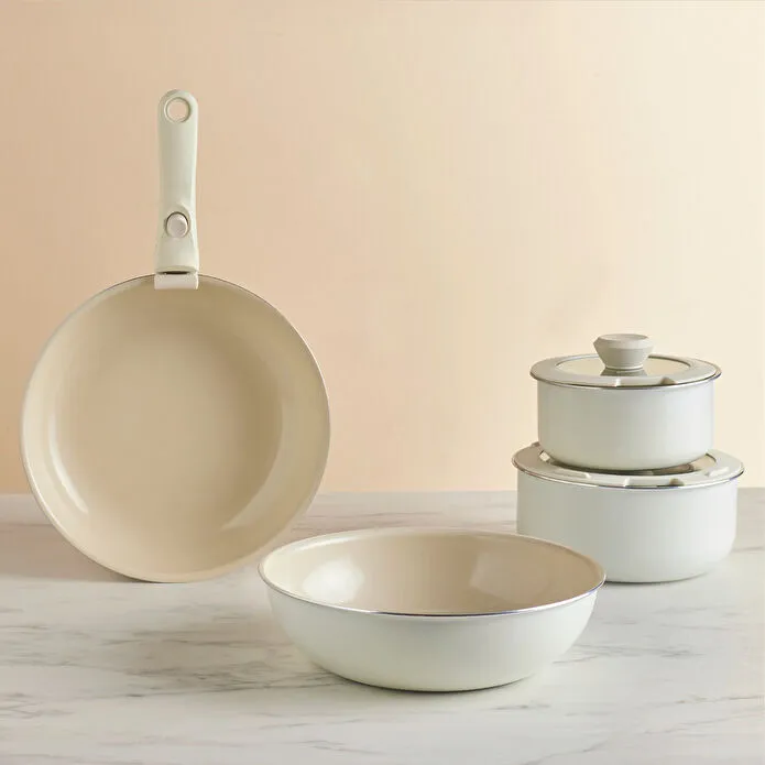 KaracaxRefika Swiss Crystal Almond Cream 7-Piece Easy Clip Pot and Pan Set New