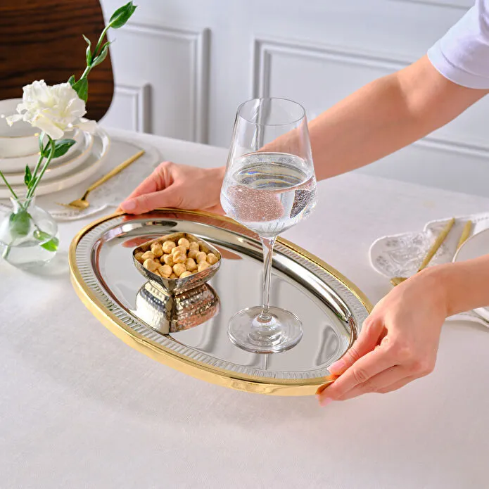 Karaca Ring Decorative Oval Tray 39x23cm Aluminum Dual-Tone Silver Gold New
