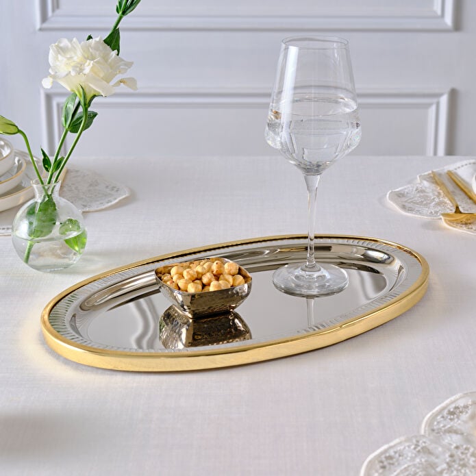 Karaca Ring Decorative Oval Tray 39x23cm Aluminum Dual-Tone Silver Gold New