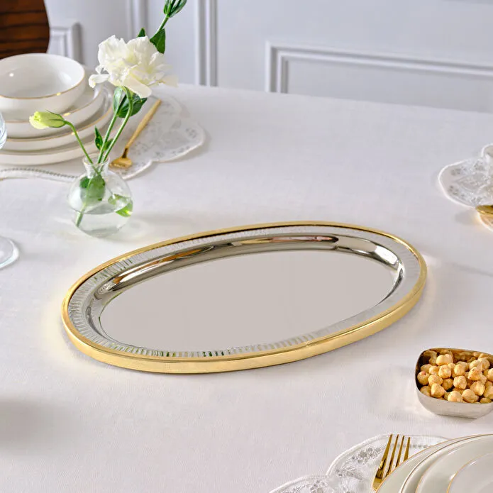 Karaca Ring Decorative Oval Tray 39x23cm Aluminum Dual-Tone Silver Gold New