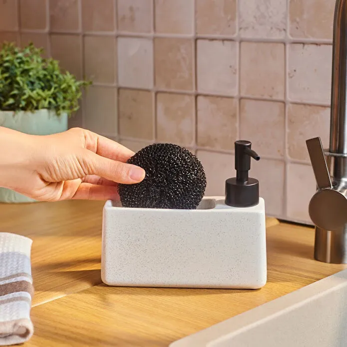 Karaca Kris 2-Piece Soap Dispenser Sponge Holder 370ml White Stone Dolomite