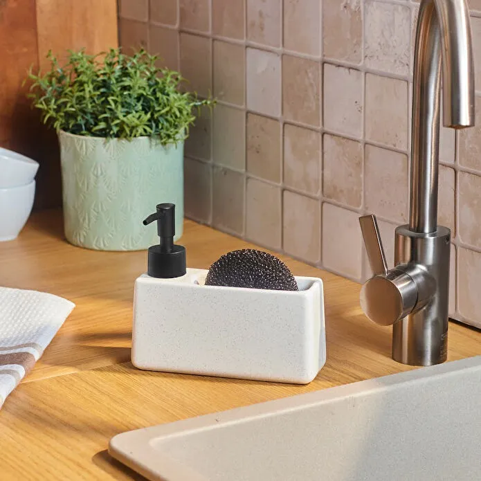 Karaca Kris 2-Piece Soap Dispenser Sponge Holder 370ml White Stone Dolomite