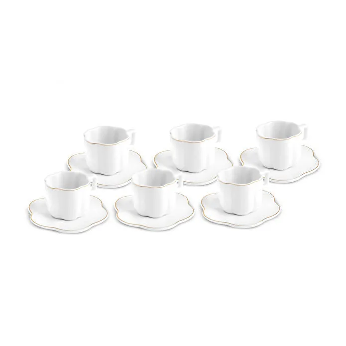 Karaca Ezgi 6-Piece Coffee Cup Set 90ml White Gold Rim Fine Bone Porcelain New