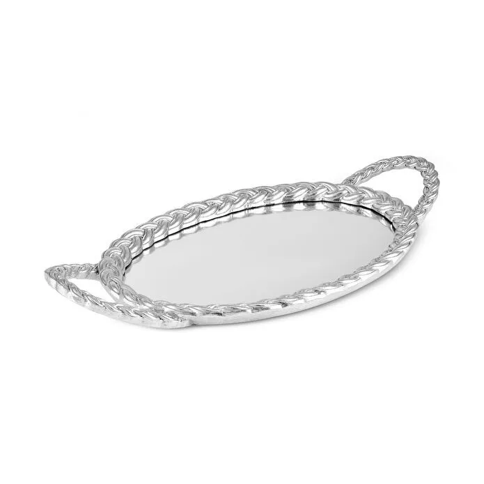 Karaca Marla Silver Mirror Base Decorative Tray 45x24cm Oval Handled New