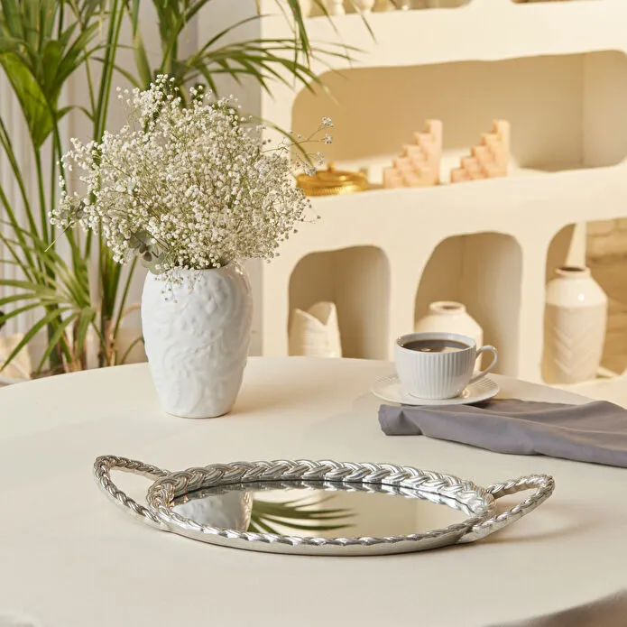 Karaca Marla Silver Mirror Base Decorative Tray 45x24cm Oval Handled New
