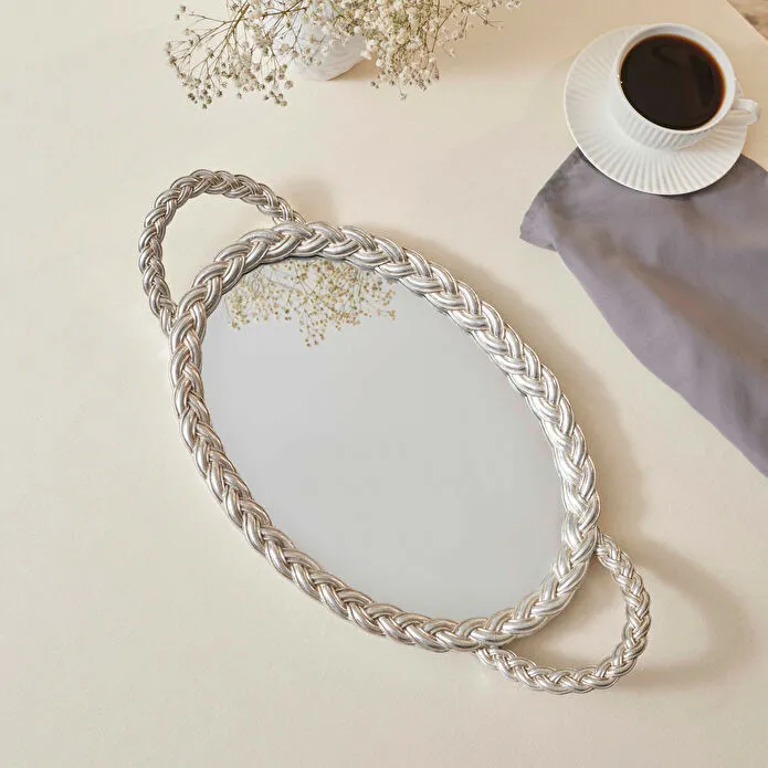 Karaca Marla Silver Mirror Base Decorative Tray 45x24cm Oval Handled New