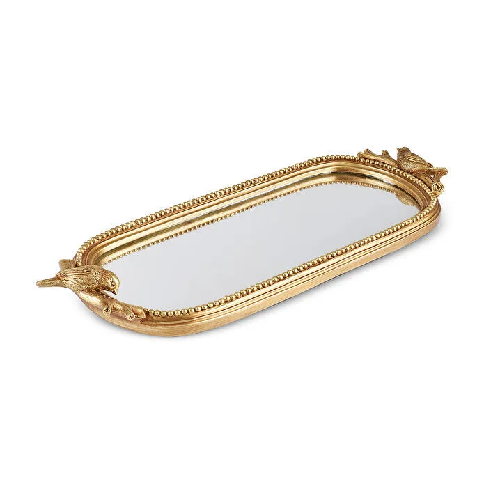 Karaca Home Lenora Gold Mirror Tray 17x13.5cm Bird Sculpture Handles New