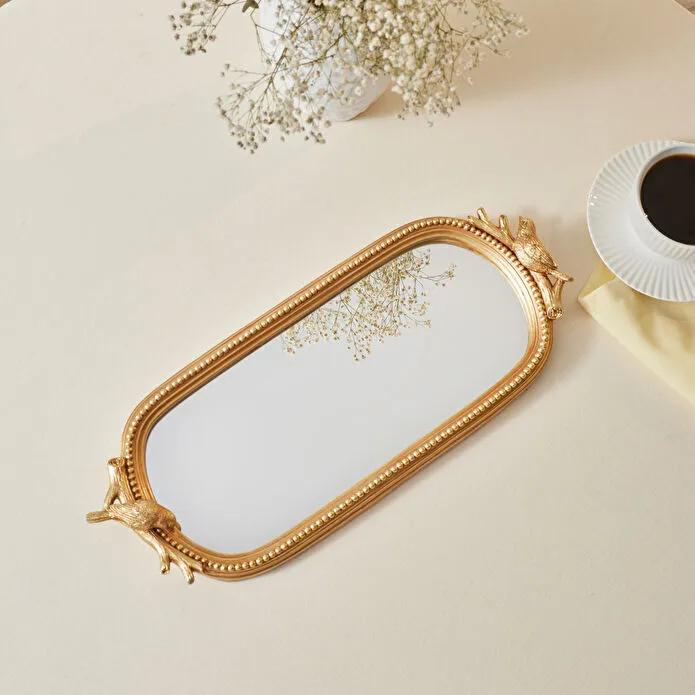 Karaca Home Lenora Gold Mirror Tray 17x13.5cm Bird Sculpture Handles New