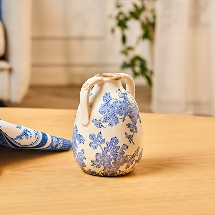 Karaca Marine Two-Arm Decorative Vase 17.5 cm Blue White Floral Stoneware