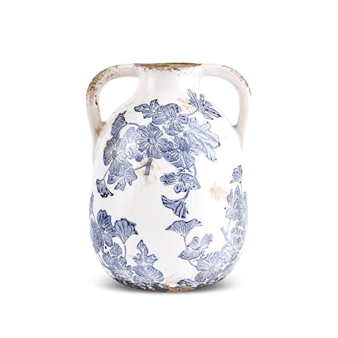 Karaca Marine Two-Arm Decorative Vase 17.5 cm Blue White Floral Stoneware