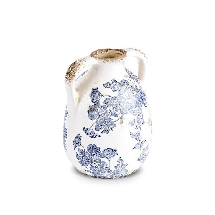 Karaca Marine Two-Arm Decorative Vase 17.5 cm Blue White Floral Stoneware