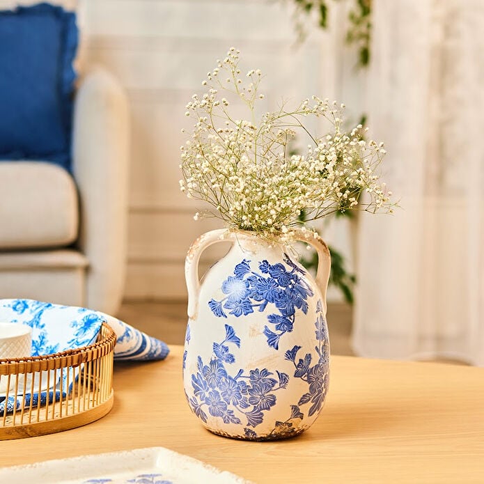 Karaca Marine Two-Arm Decorative Vase 21.5 cm Blue White Floral Stoneware