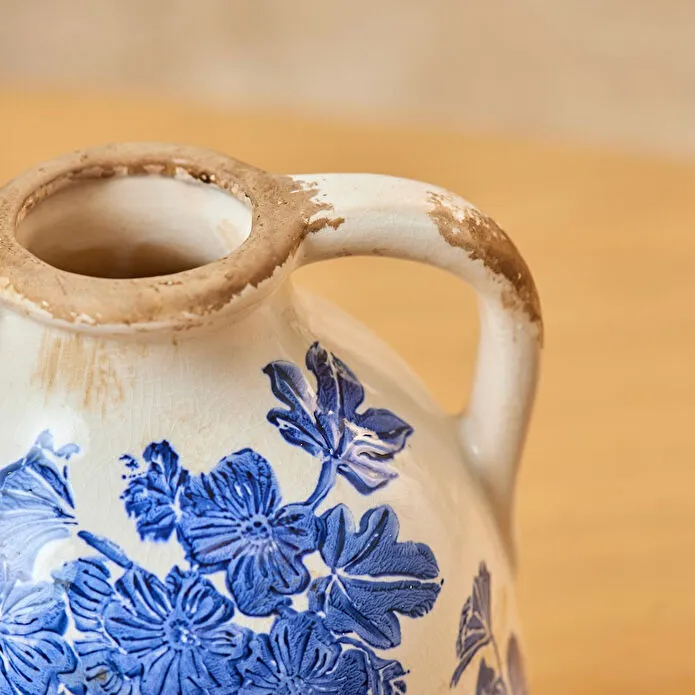 Karaca Marine Two-Arm Decorative Vase 21.5 cm Blue White Floral Stoneware