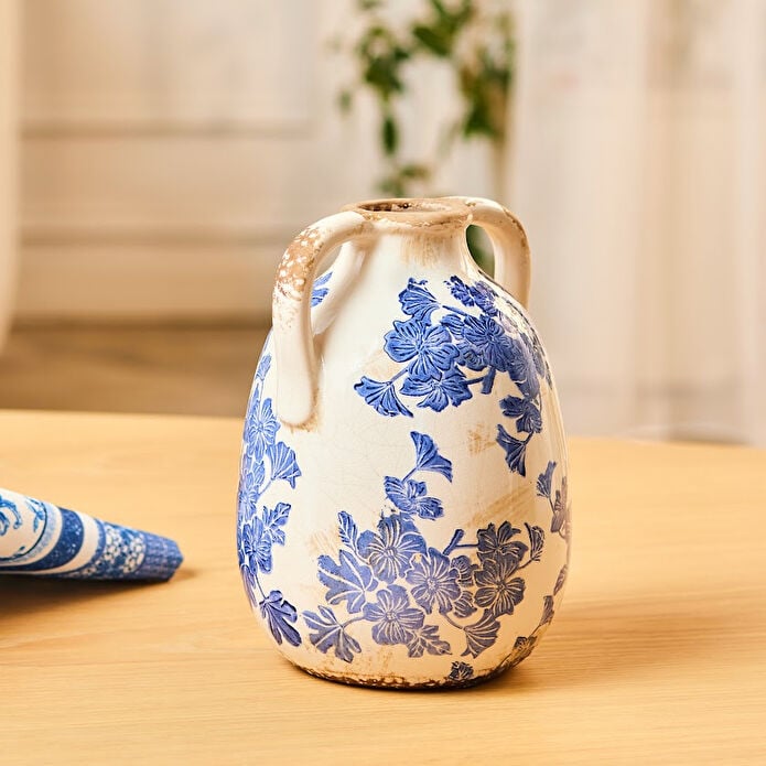 Karaca Marine Two-Arm Decorative Vase 21.5 cm Blue White Floral Stoneware