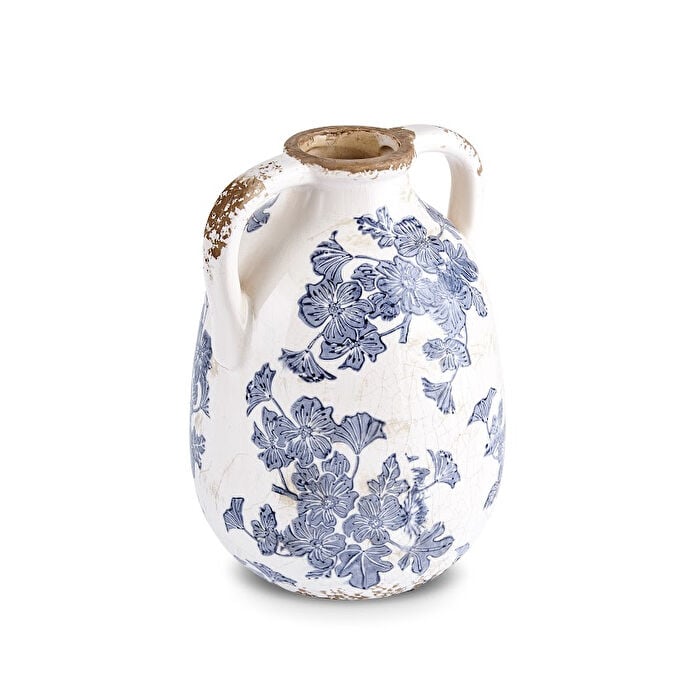 Karaca Marine Two-Arm Decorative Vase 21.5 cm Blue White Floral Stoneware