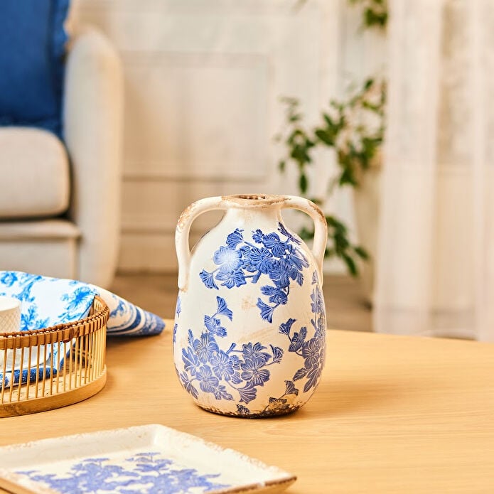 Karaca Marine Two-Arm Decorative Vase 21.5 cm Blue White Floral Stoneware