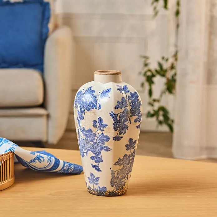 Karaca Mariner Decorative Vase 34 cm Blue White Floral Stoneware Large
