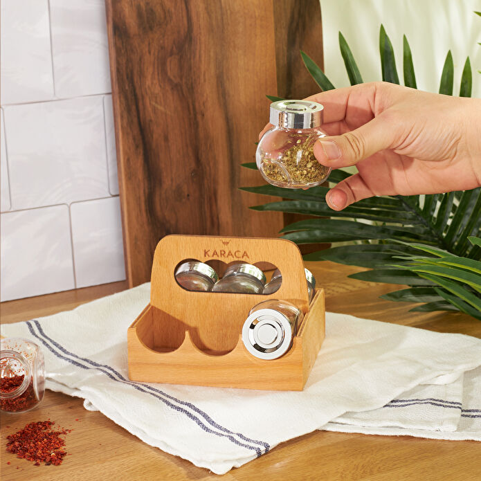 Karaca Casa 7-Piece Spice Rack Set - 6 Glass Jars with Modern Wooden Tray Stand