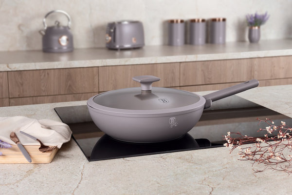 Berlinger Haus 28cm Wok Pan With Lid Taupe TitanPro Non-Stick Induction Base
