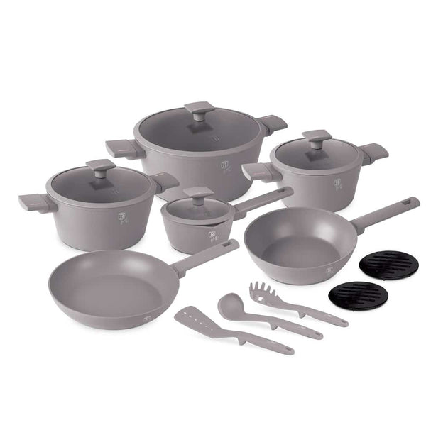 Berlinger Haus 15pc Cookware Set Taupe TitanPro Non-Stick Strainer Lid Induction