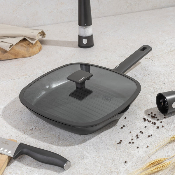 Berlinger Haus 28cm Grill Pan With Lid Anthracite TitanPro Non-Stick Induction