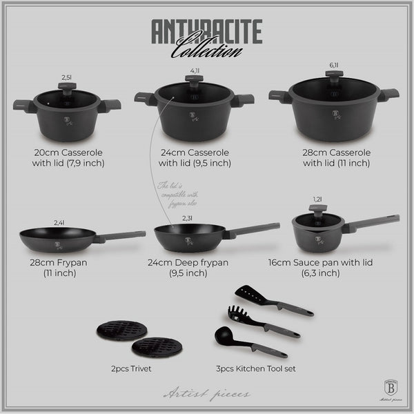 Berlinger Haus 15pc Cookware Set Anthracite TitanPro Non-Stick Strainer Lids