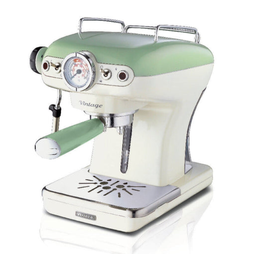 Vintage-style espresso machine with green and white design on a white background