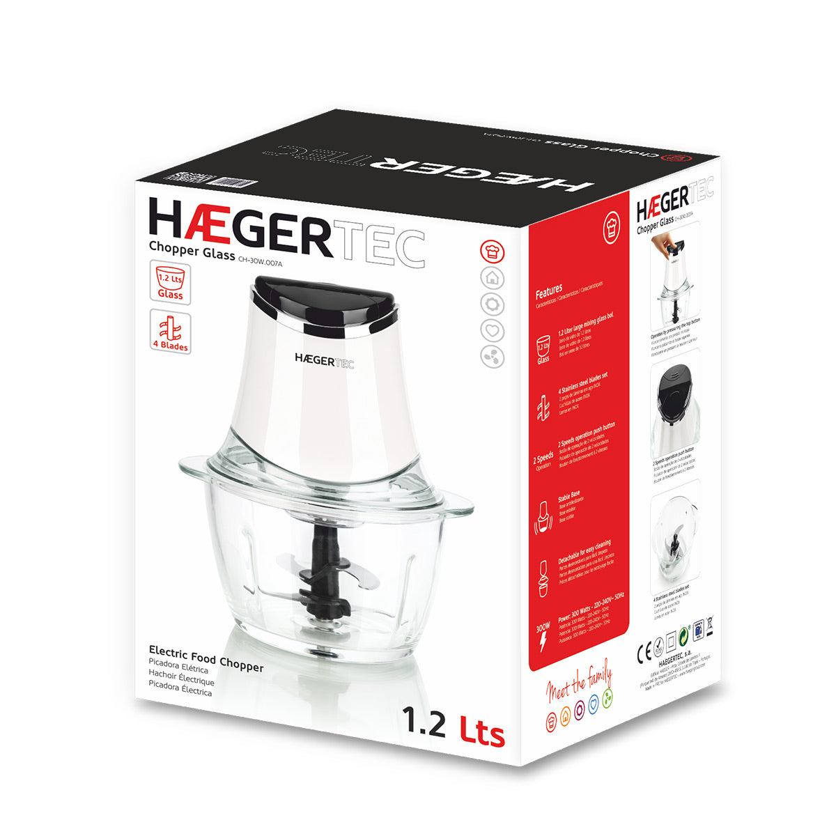 Haege Electric Glass Food Chopper – 300W | 1.2L Glass Bowl + 4 Blades