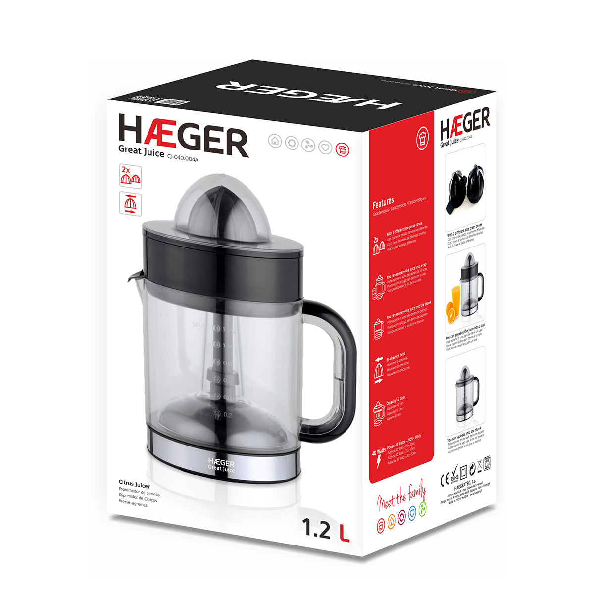 Haeger Juice Squeezer CJ-040.004A – 1.2L | 40W Citrus Juicer