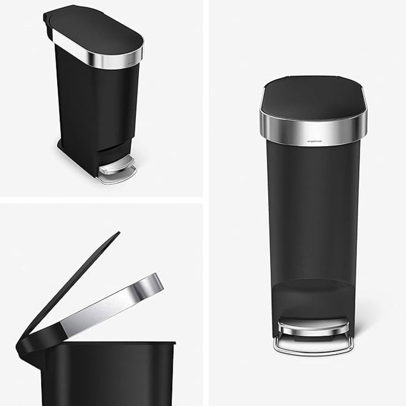 SimpleHuman CW1390 40L Slim Plastic Pedal Bin  Black with Steel Trim