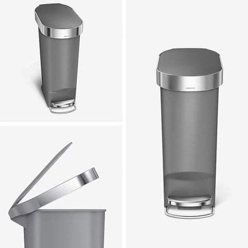 SimpleHuman CW1391 40L Slim Plastic Pedal Bin, Grey W/Steel Trim
