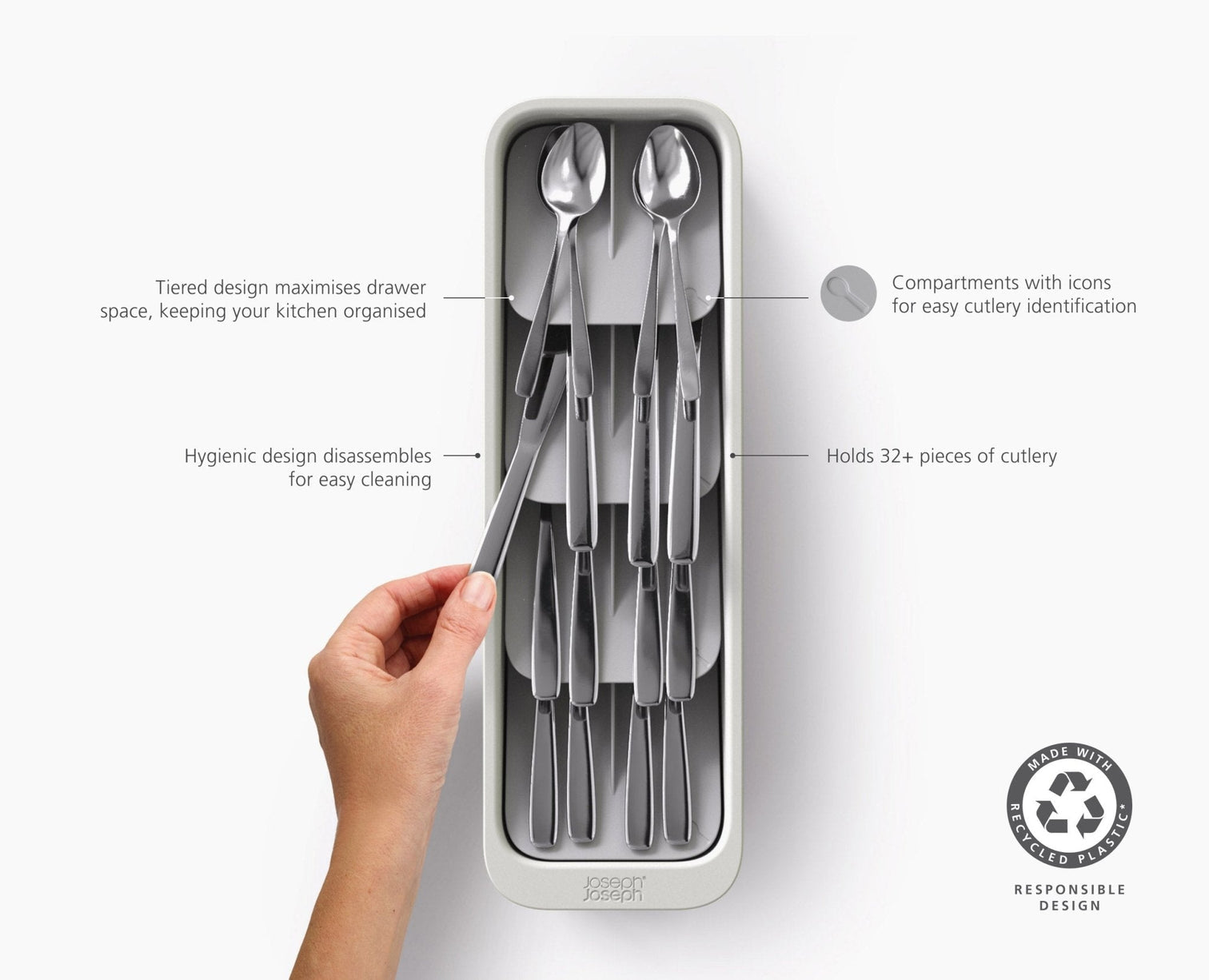 Joseph Joseph DrawerStore Compact Tiered Cutlery Organiser Recycled Plastic