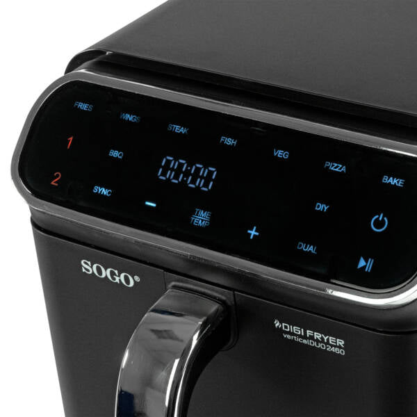 Sogo SS-10930 Dual Basket Air Fryer - 11L Total Capacity - 2460W - Black & Stainless Steel