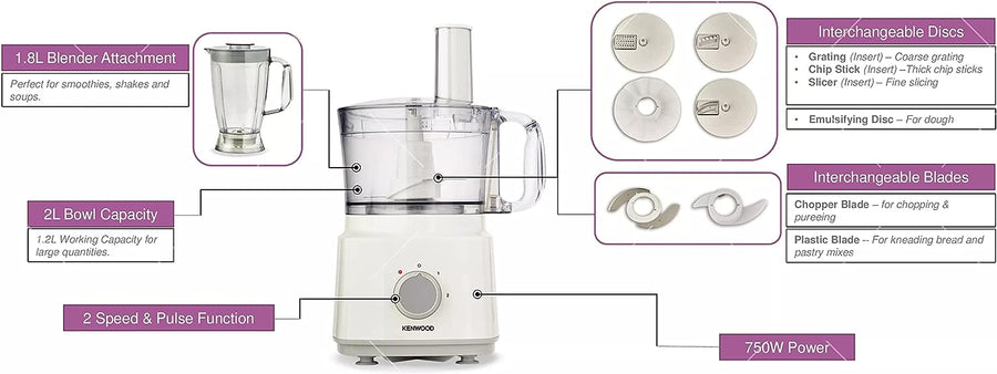Kenwood Food Processor FDP03.C0WH 750W 2.0L Bowl 1.8L Blender 4-in-1 White New