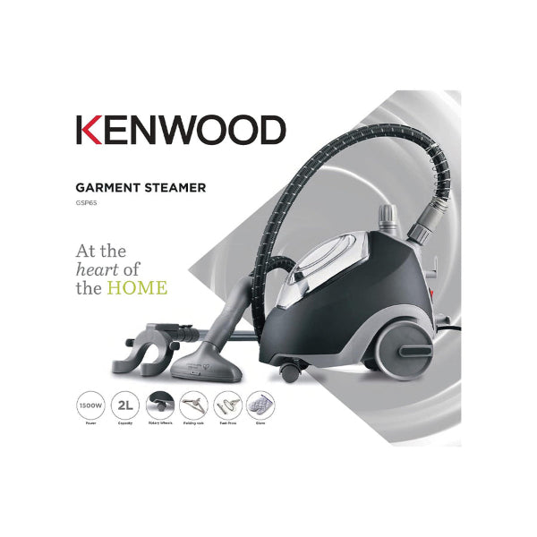 Kenwood garment steamer on a white background with branding and product features displayed.