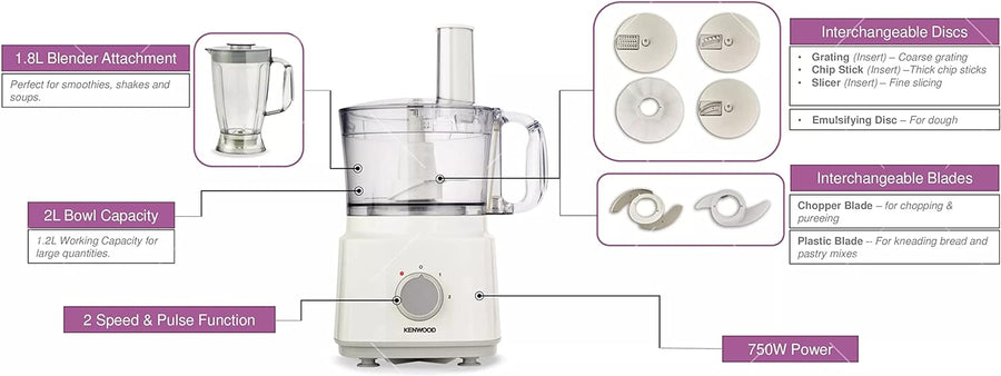 Kenwood Food Processor 750W 2L Bowl 1.8L Blender Slicer Grater Chip Disc White