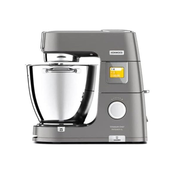 Gray Kenwood stand mixer on a white background