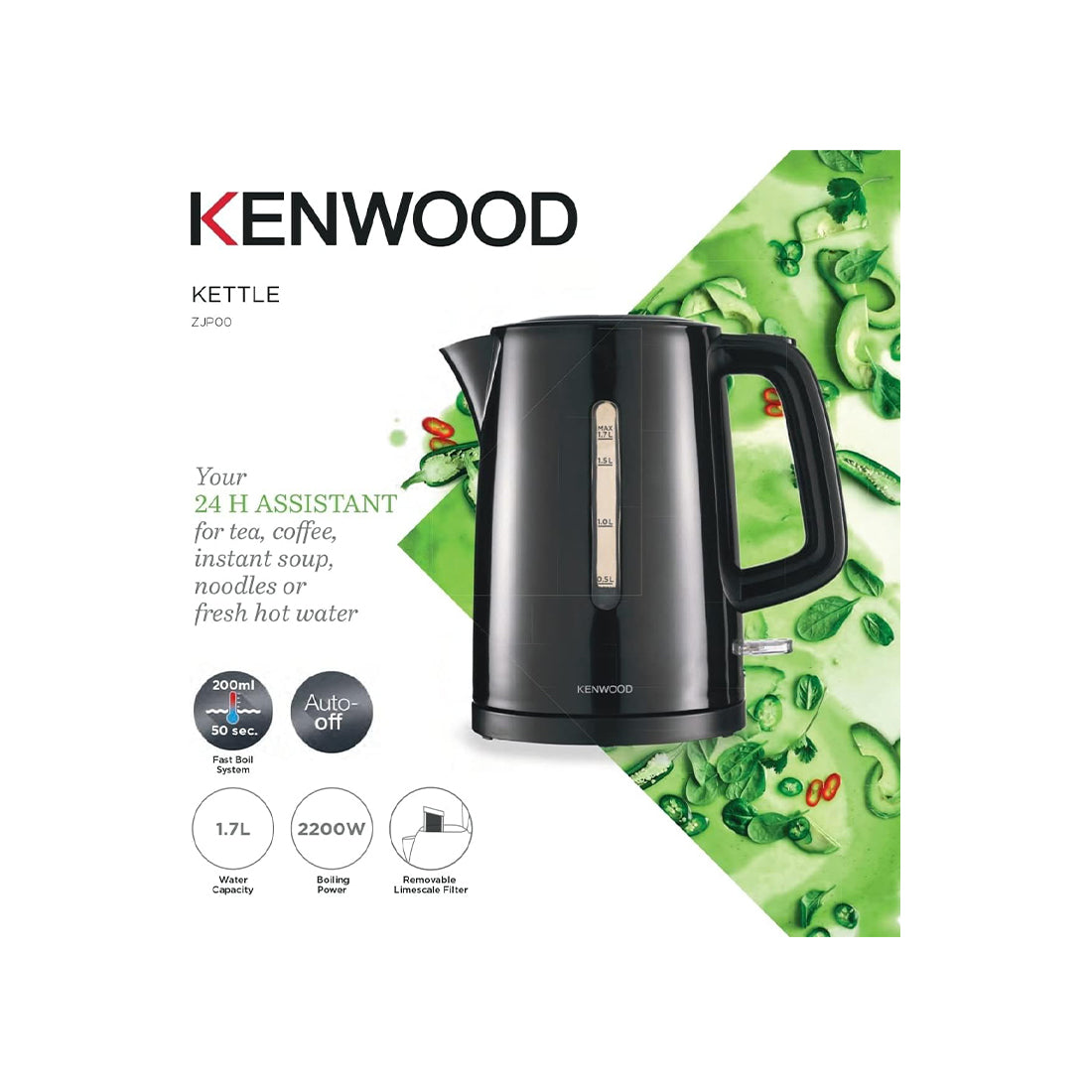 Kenwood Kettle ZJP00.000BK 2200W 1.7L Fast Boil Automatic Switch Off Black New